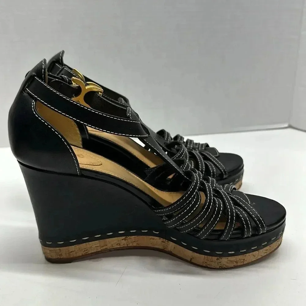 Chloe Marcie Wedges Leather T-Strap Platform High Heel Sandals Black Size 40.5